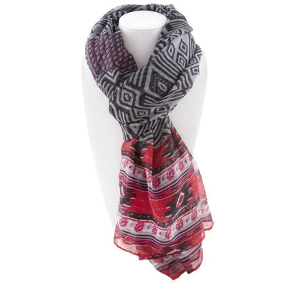 All Styles,Scarves,Scarf - Robert Matthew Naomi Multi-Colored Tribal Print Scarf - Grey & Red