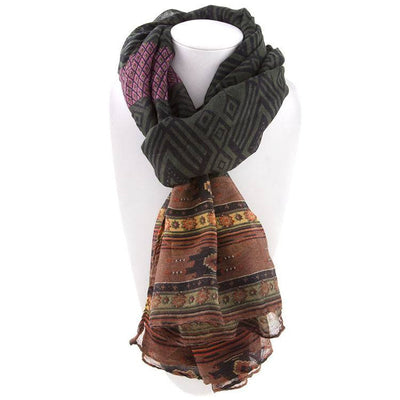 All Styles,Scarves,Scarf - Robert Matthew Naomi Multi-Colored Tribal Print Scarf - Green & Brown